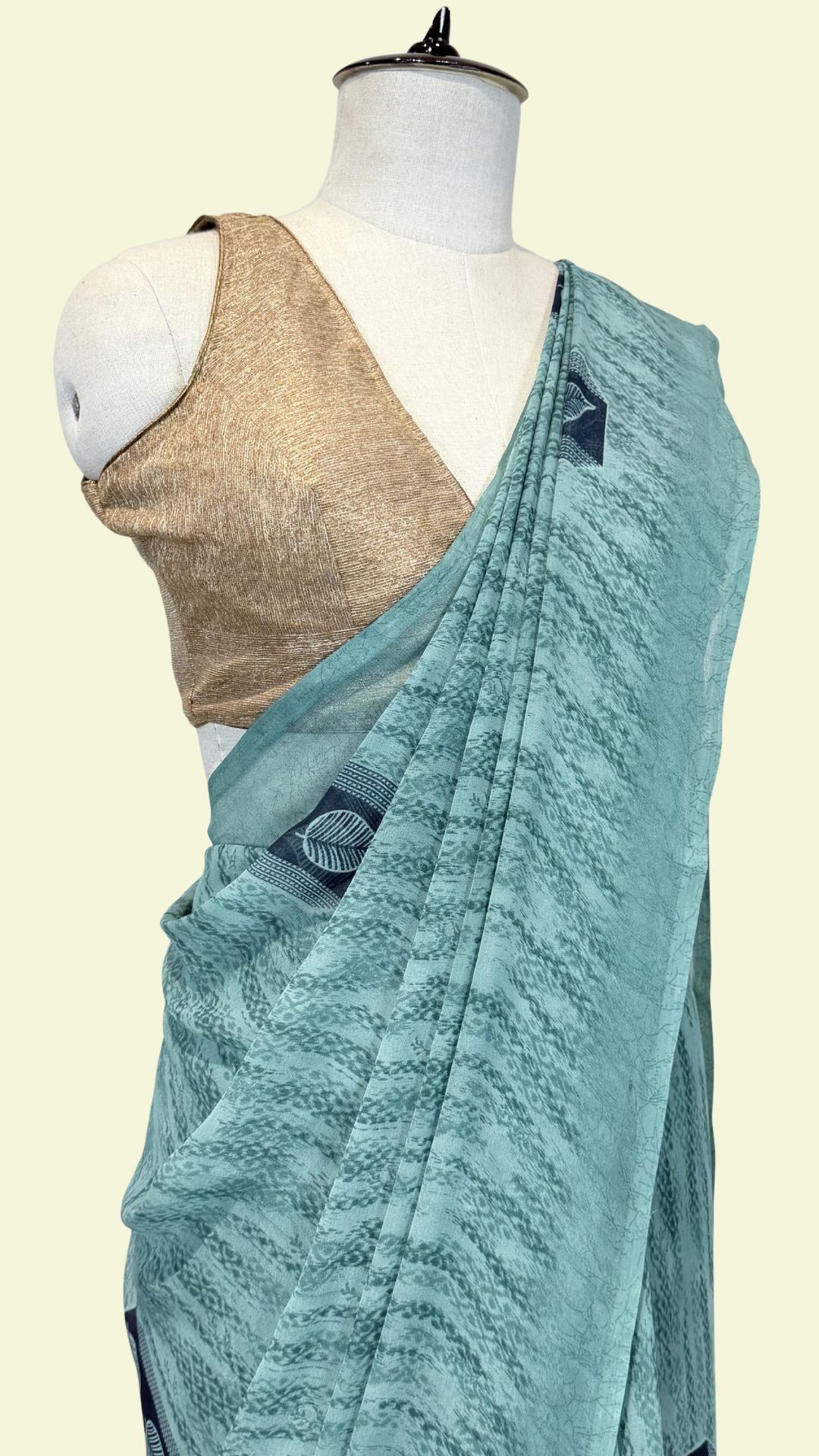 Sea Green Leaf Motif Synthetic Printed Saree