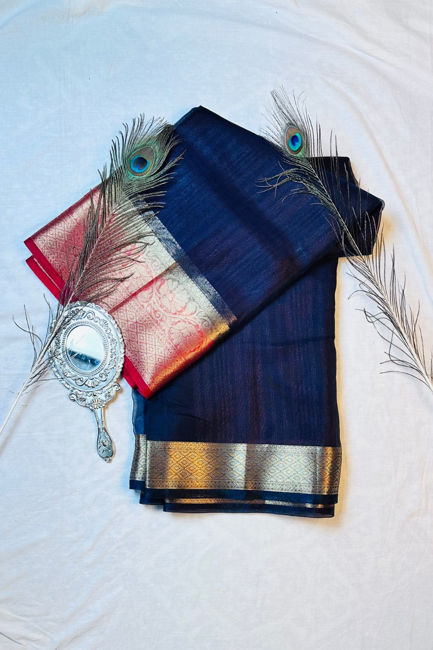 Midnight Navy Silk Saree with Contrast Crimson & Gold Zari Border