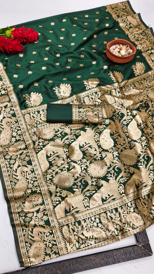 Green Banarasi Silk Saree with Antique Gold Peacock Zari Weaving