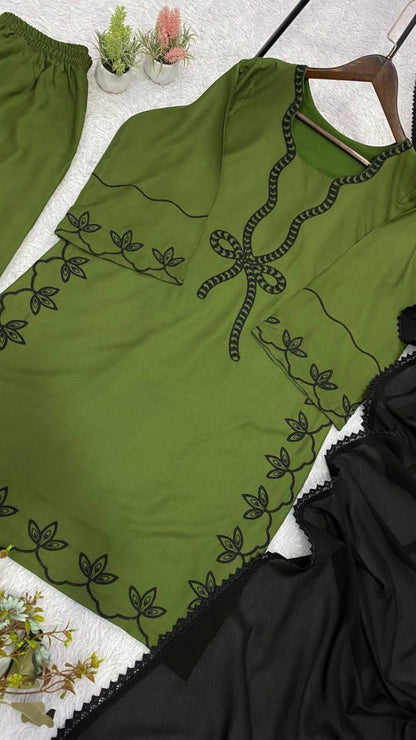 Olive Green Pakistani Embroidered Kurta Palazzo Dupatta Set For Women