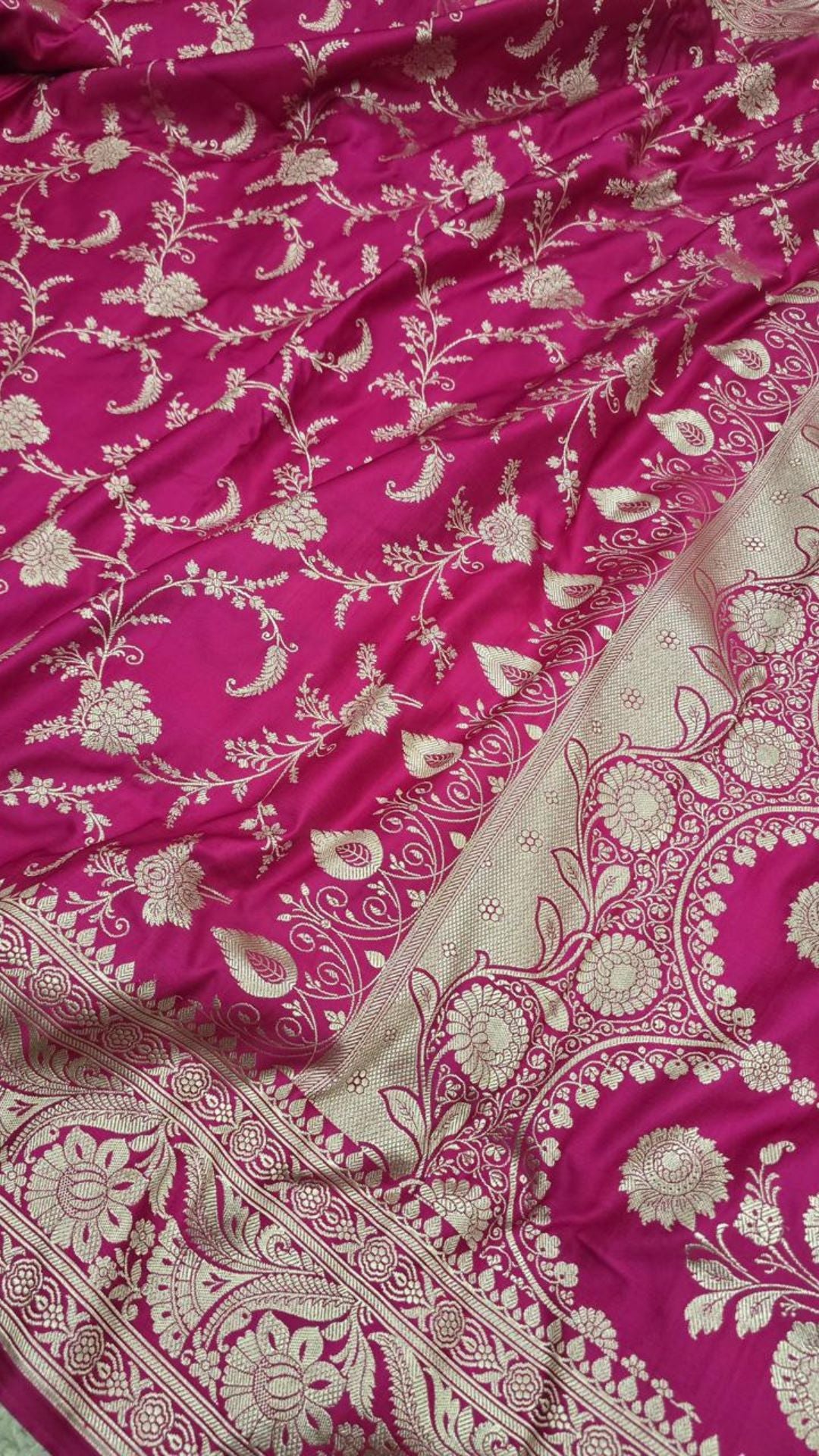 Rani Pink Banarasi Mashroo Katan Silk Saree with Jaal Weaving