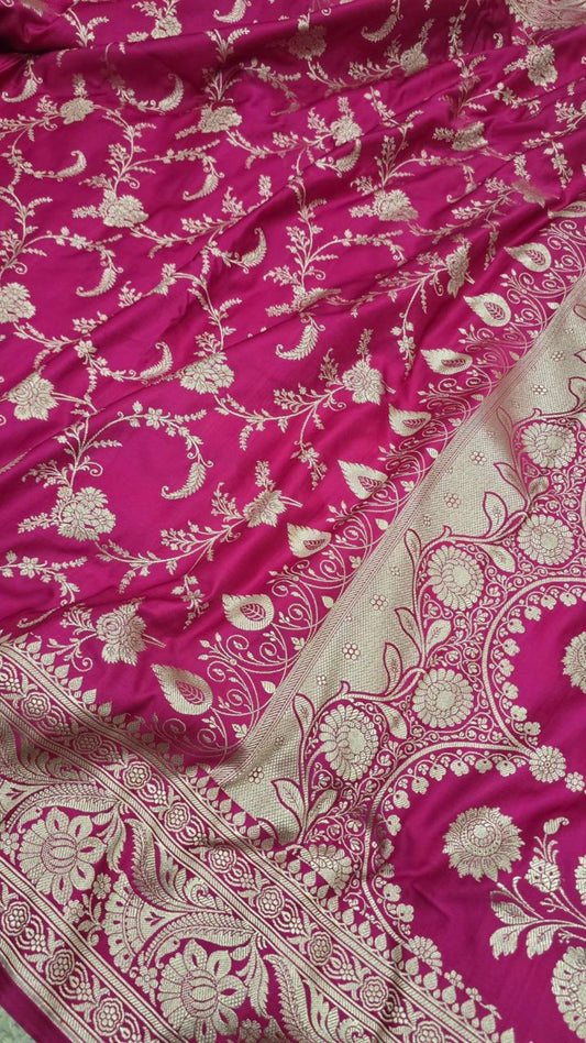 Rani Pink Banarasi Mashroo Katan Silk Saree with Jaal Weaving