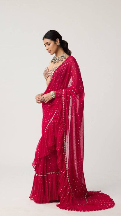 Red Sequin Crush Pleated Saree with Mirror Blouse