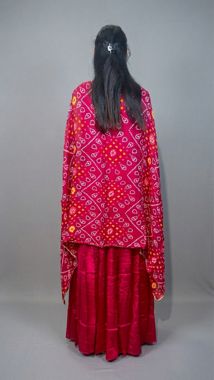 Banarashe Women’s Hot Pink Bandhani Printed Dupatta with Embroidered Border & Flared Ethnic Set