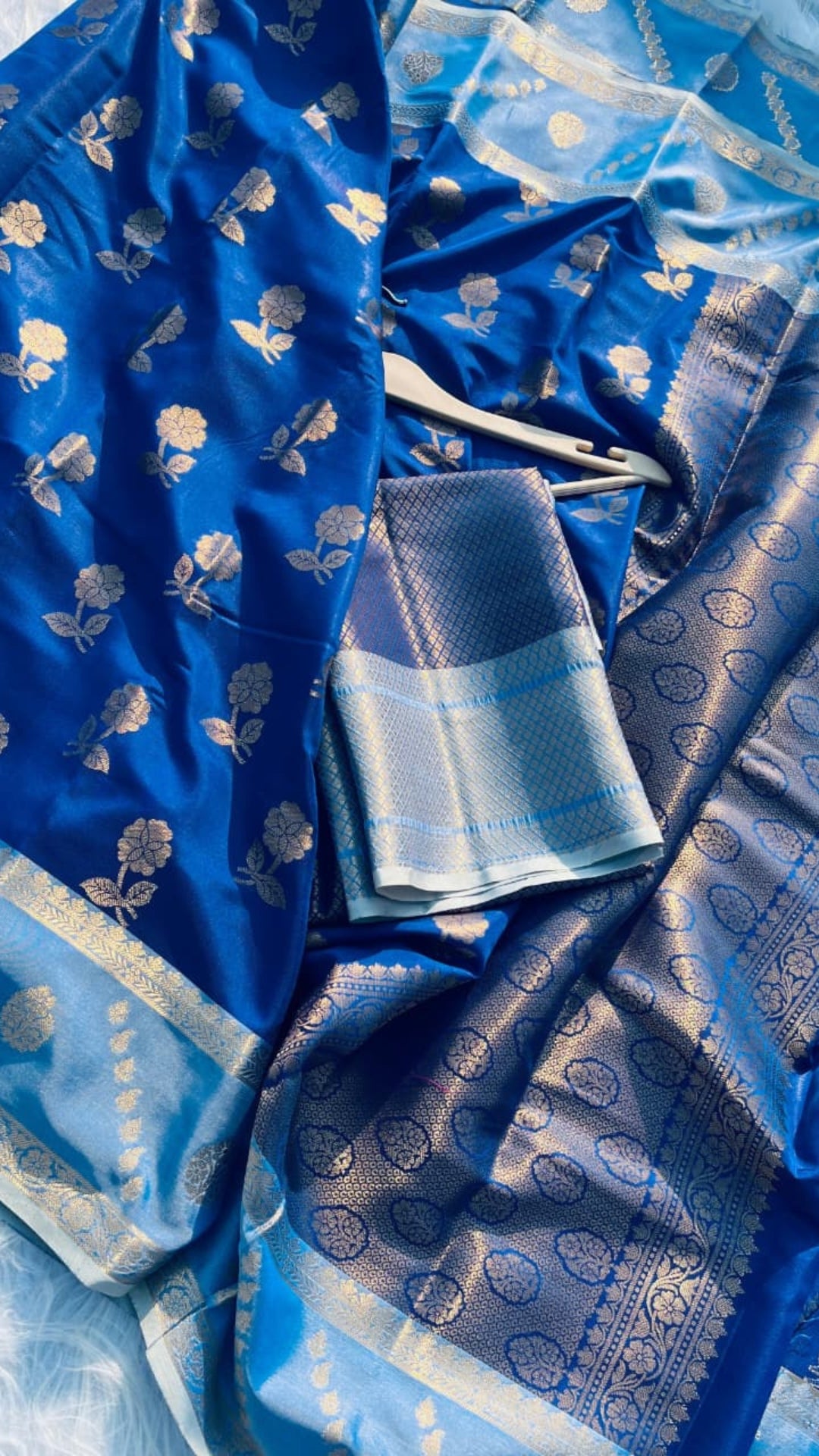 Royal Blue Soft Silk Double Zari Saree - Elegant Rose Pot Design