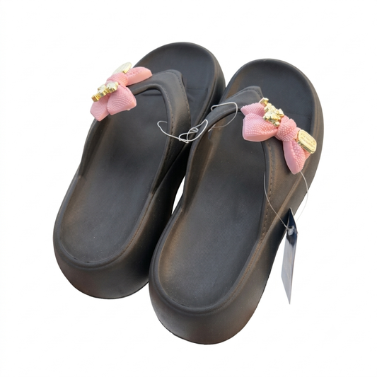 Women’s Black Platform Flip-Flops with Pink Bow Embellishment