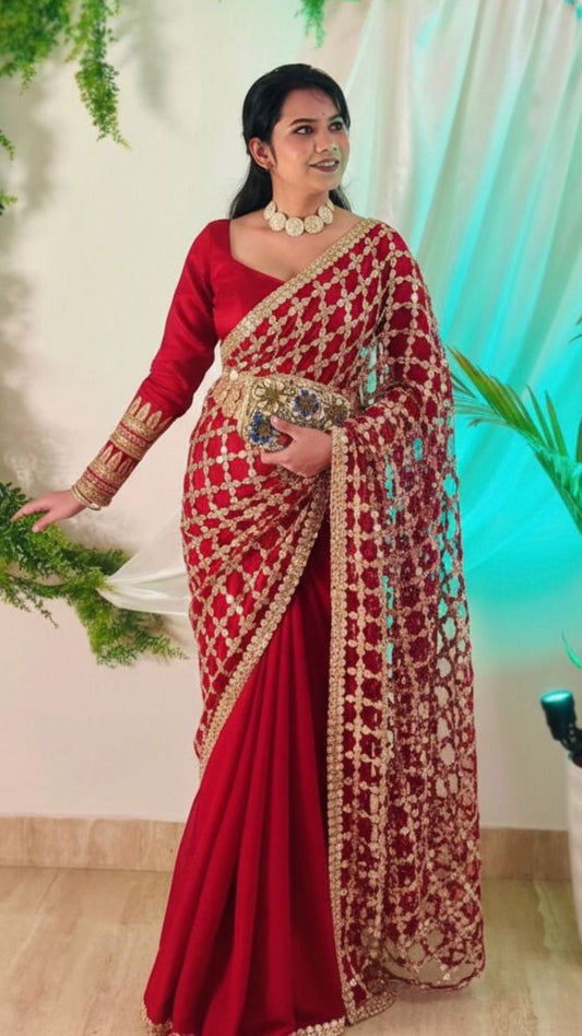 Designer Mirror Work Satin & Organza Saree