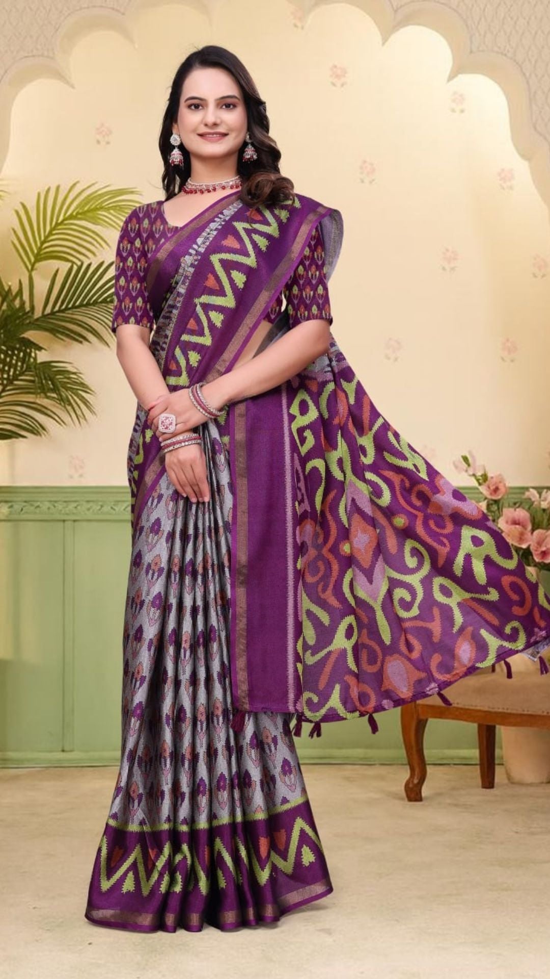Purple & Grey Mal Cotton Printed Saree with Designer Blouse Piece