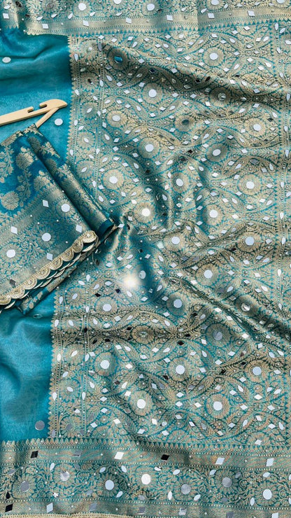 Royal Blue Tissue Saree with Heavy Mirror Work