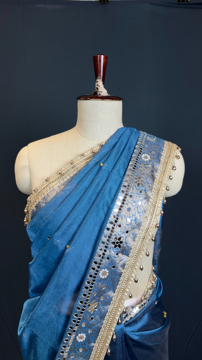 Blue Tissue Ghungroo Mirror Work Saree