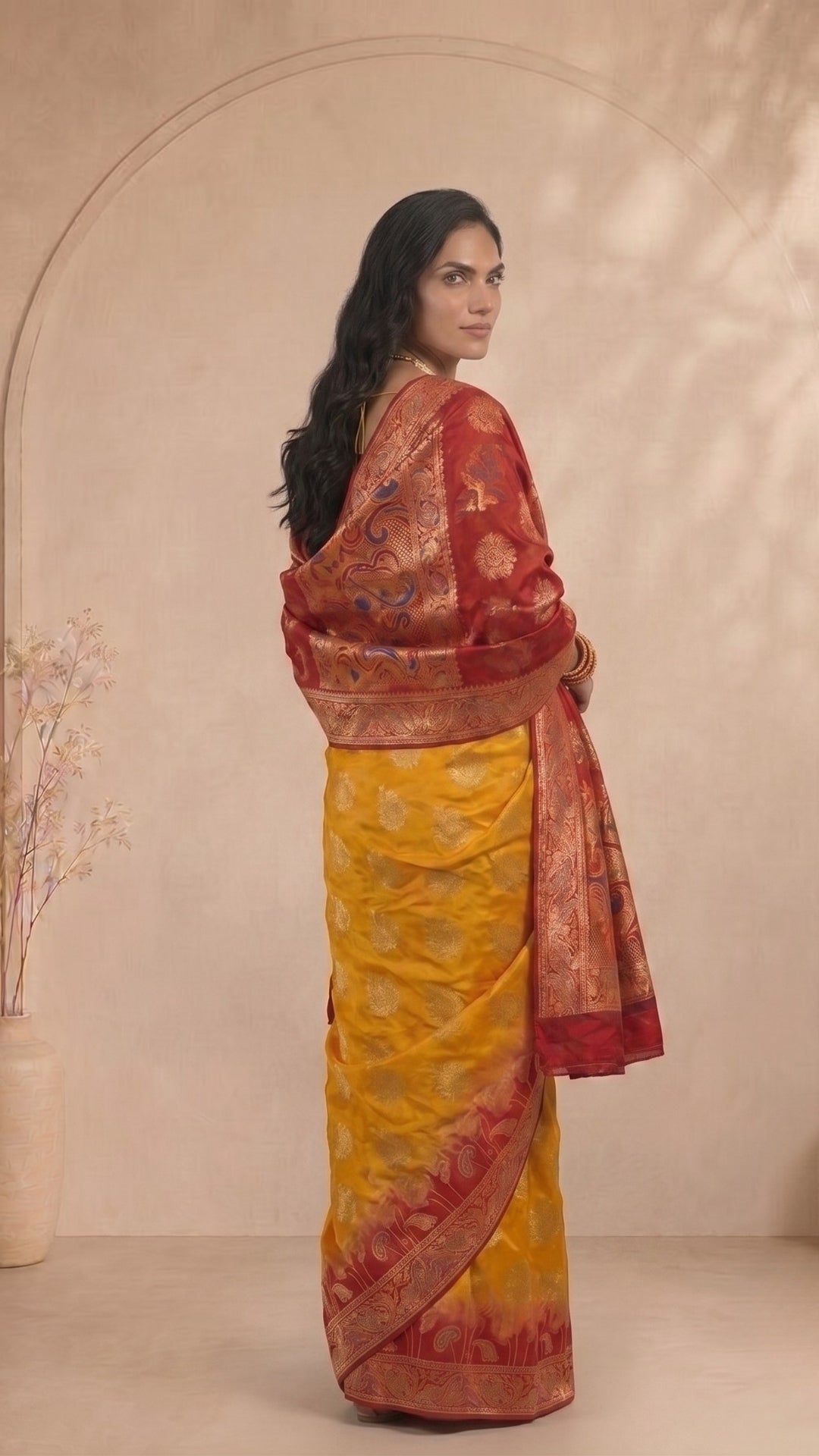 Yellow & Red Banarasi Saree with Matching Dupatta