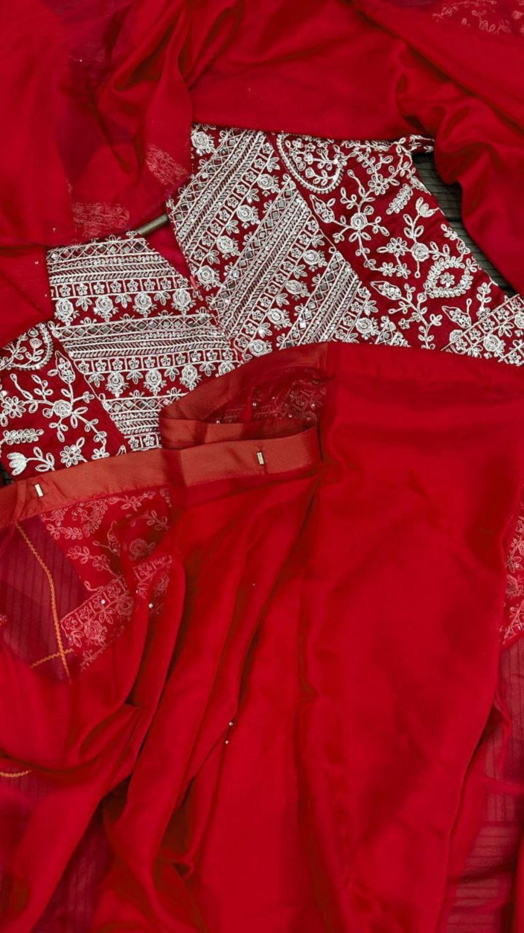 Red Rangoli Ready To Wear Saree with Embroidered Koti Blouse & Fancy Belt