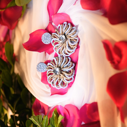 Golden Glow Floral Earrings – Grey & Gold Seed Beads with Crystal Center
