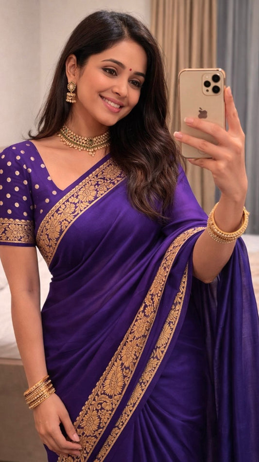 Royal Purple Pure Chinon Chiffon Saree with Antique Zari Weaving Border