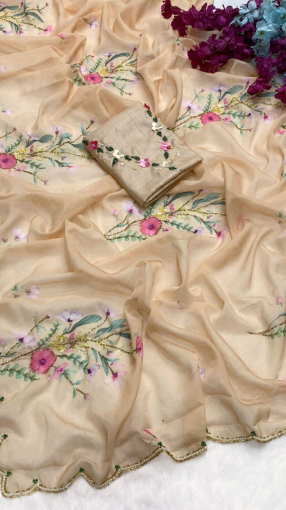Blush Beige Floral Tabby Silk Saree with Sequins & Katdana Handwork