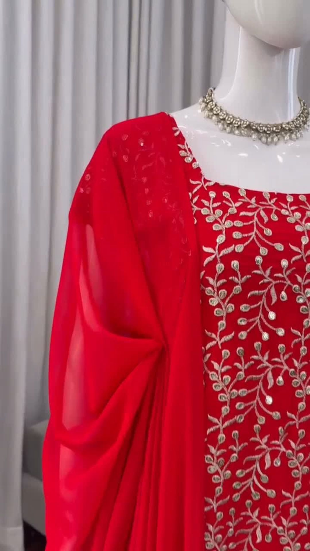Royal Red Embroidered Georgette Suit Set with Bootcut Pants & Dupatta