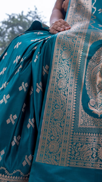 Dark Teal Blue Katan Mashru Silk Saree
