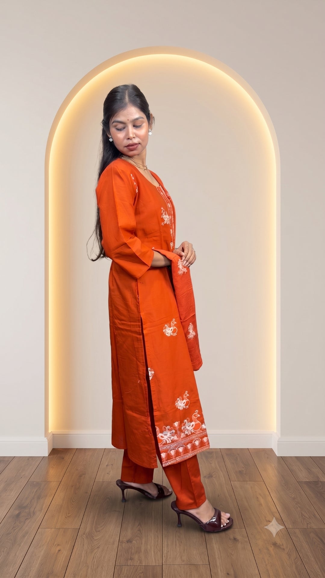 Women’s Orange Pure Cotton Embroidered Kurta Pant & Dupatta Set