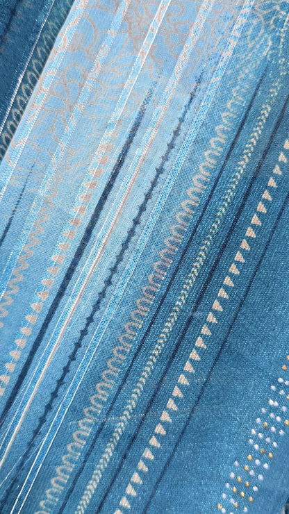 Sky Blue Printed Synthetic Saree with Leaf Print