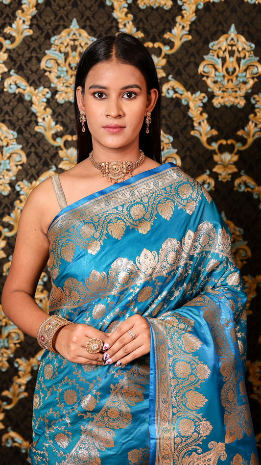 Azure Bloom Banarasi Silk Saree with Silver Zari Elegance