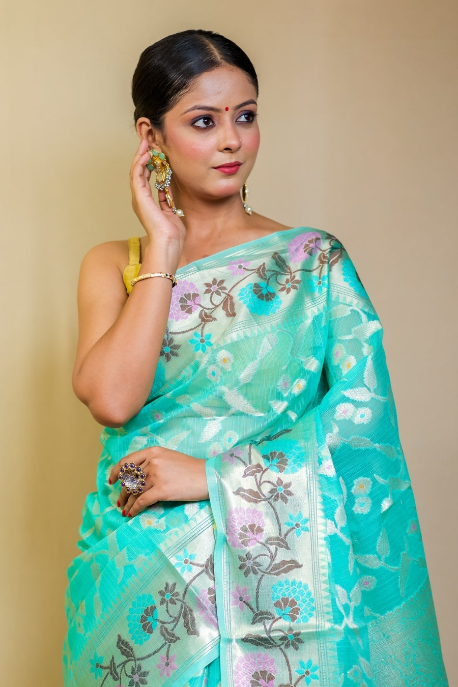 Banarashe Aqua Blue SuperNet Banarasi Kora Paithani Saree