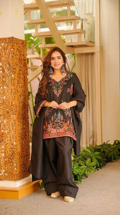 Black Printed Salwar Suit with Dupatta for Women