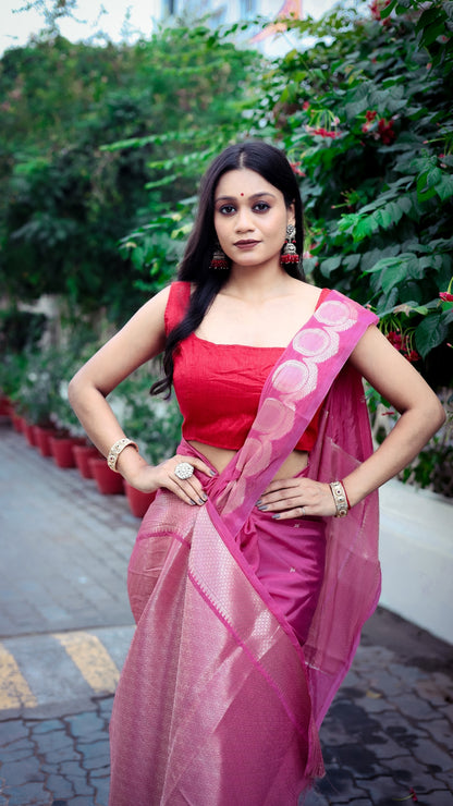 Sparkle Bright Pink Katan Mashru Silk Saree
