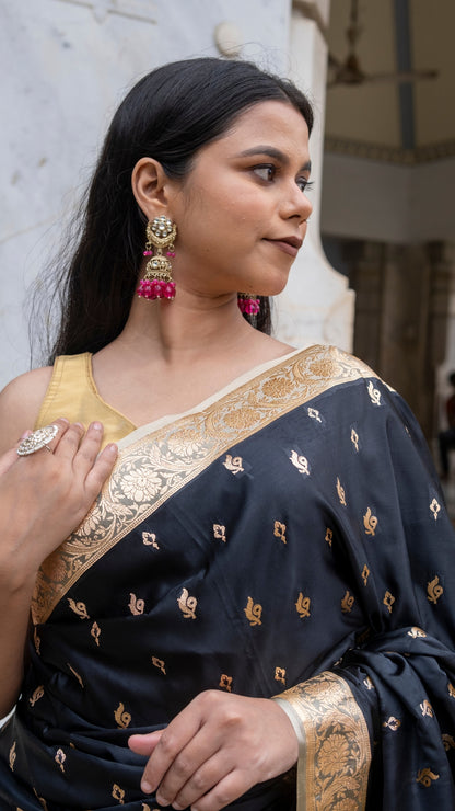 Black and Gold Border Katan Mashru Silk Saree
