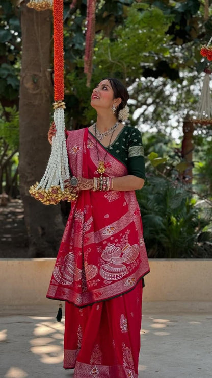 Pure Red Dola Banarasi Saree with All-Over Zari Weaving