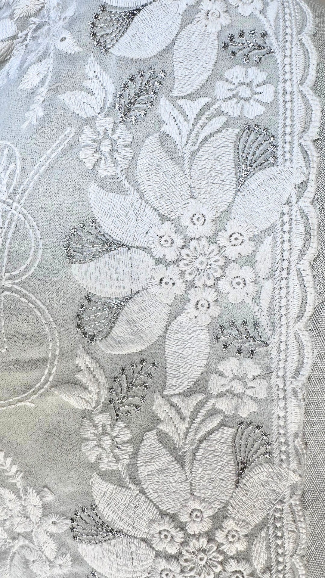 Elegant White chikankari Saree with White Floral Embroidery,