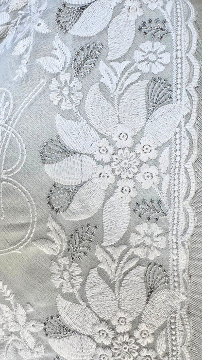 Elegant White chikankari Saree with White Floral Embroidery,