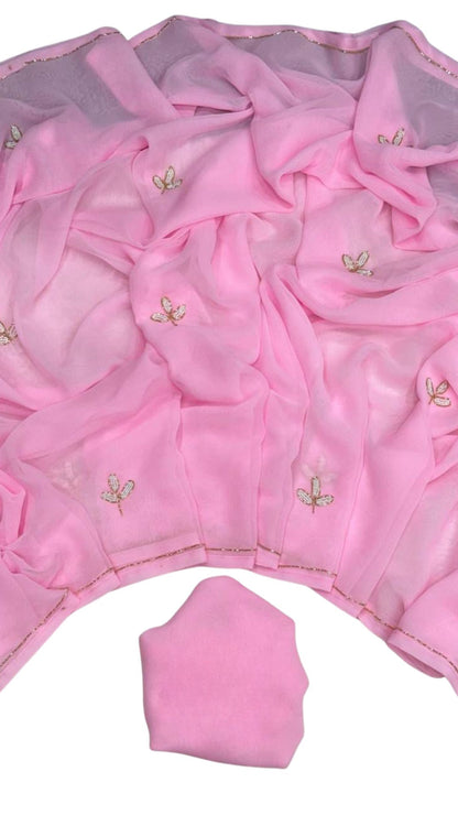 Pink Soft Georgette Cut Dana Leaf Work Saree