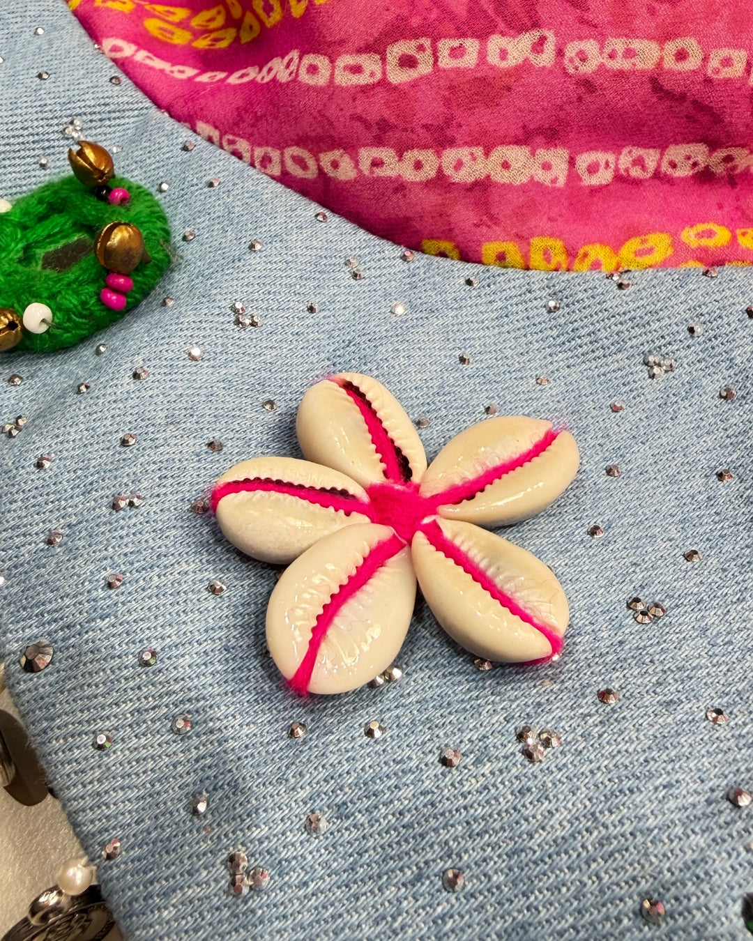 Pink Bandhani Halter Neck Blouse with Denim Detail & Shell work