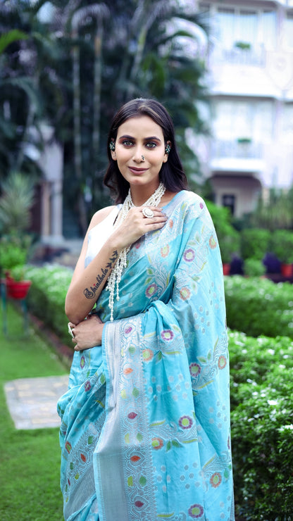 Contrast Bright Skyblue Katan Mashru Silk Saree