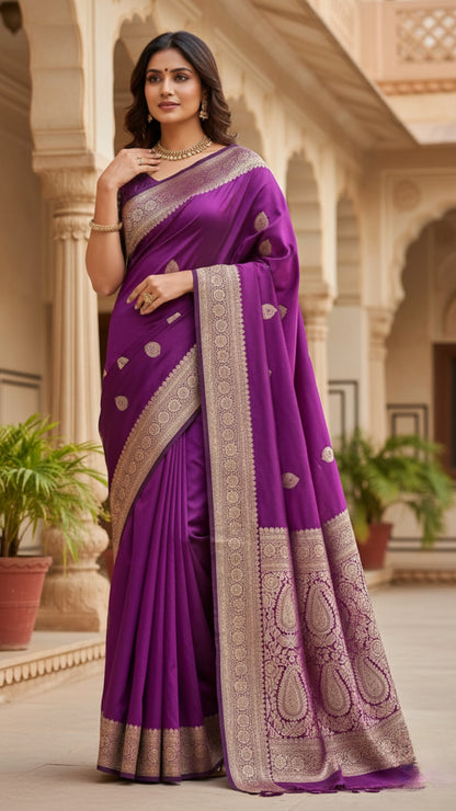 Banarashe Luxurious Royal Purple Banarasi Silk Saree with Gold Zari Paisley Pallu