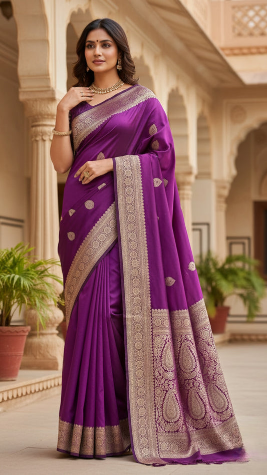 Banarashe Luxurious Royal Purple Banarasi Silk Saree with Gold Zari Paisley Pallu