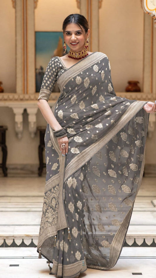 Elegant Grey Banarasi Georgette Silk Saree with Zari Work