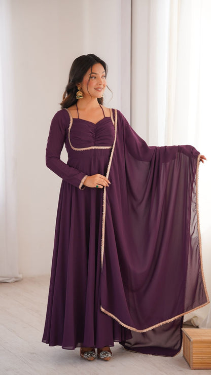 Wine Purple Georgette Anarkali Gown Set for Women