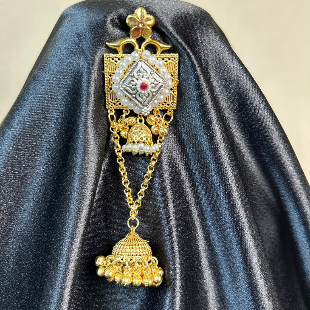 Kashmiri Antique Brass Long Chain Earrings with Pearl Detailing