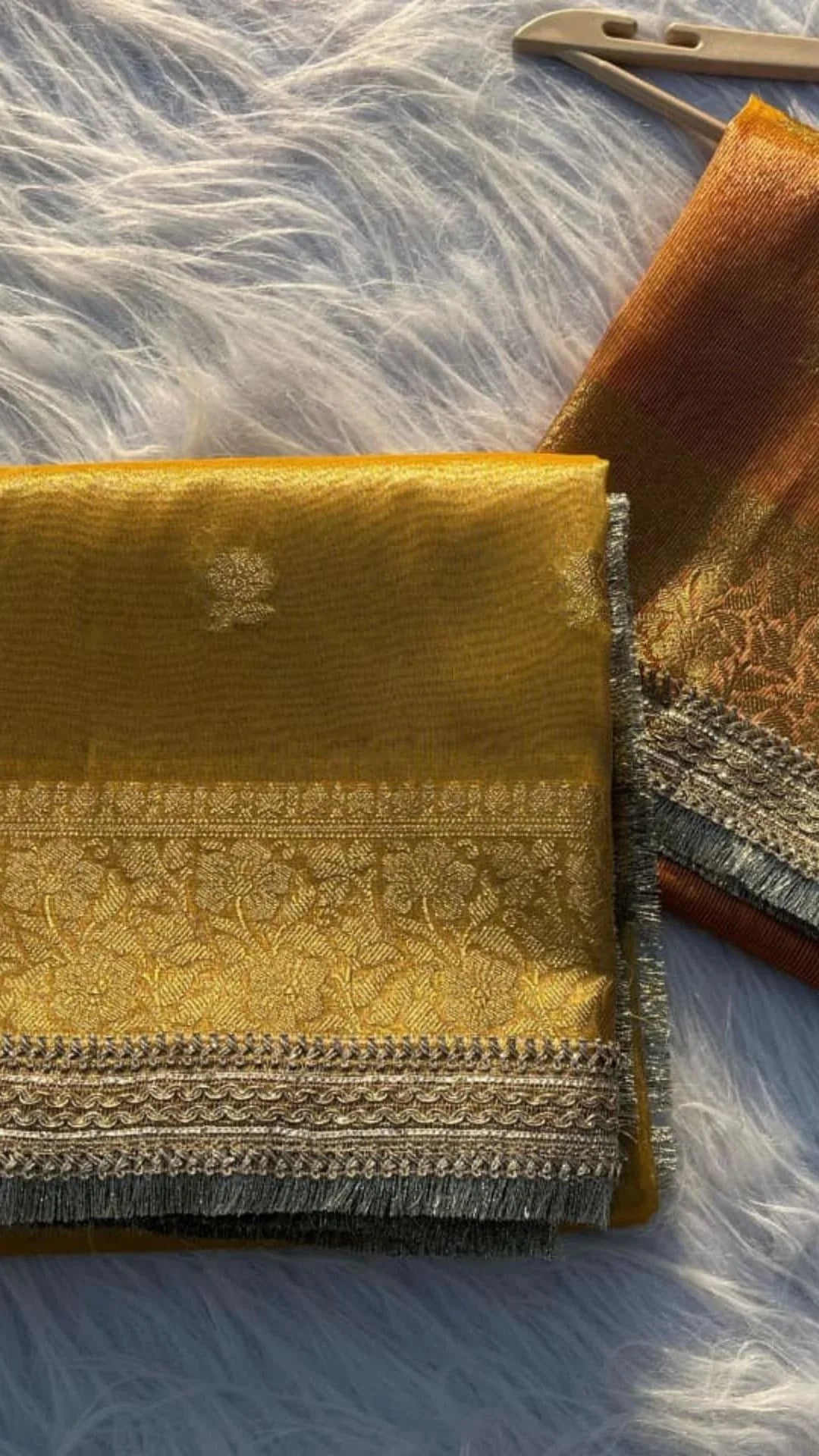 Yellow Tissue Saree with Elegant Small Flower Buti Design - Baranashe - Yellow Tissue Saree with Elegant Small Flower Buti Design