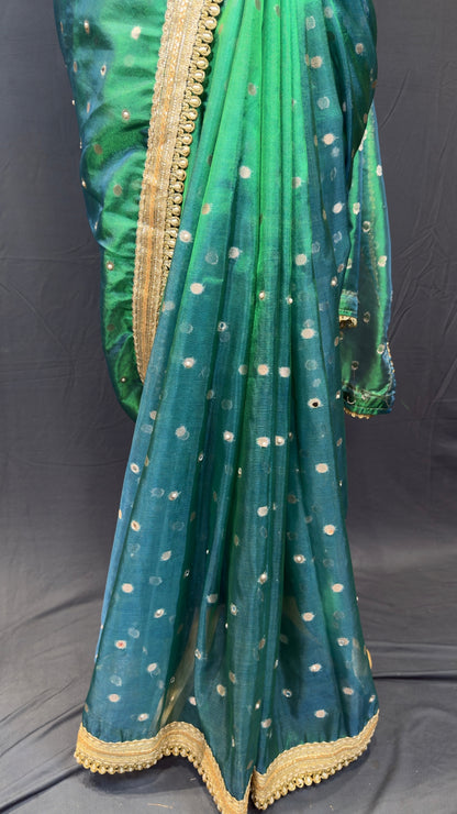 Banarasi Premium Emerald Green Mirror Work Tissue Saree