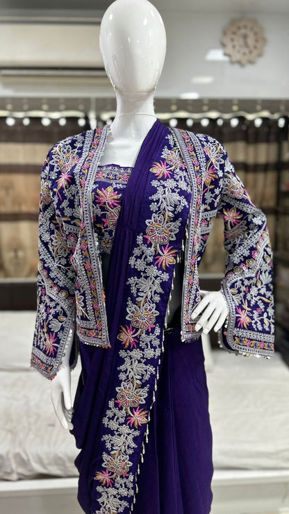 Purple Ready-to-Wear Chinon Saree with Embroidered Koti Jacket & Banglori Silk Blouse