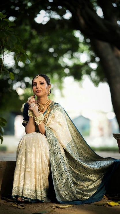 Pure Silk Handloom Khaddi Munga Saree – Cream with Blue Jungle Zari Border