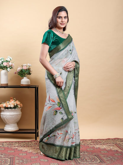 Elegant Light Grey Saree with Modern Floral Print and Zari Border