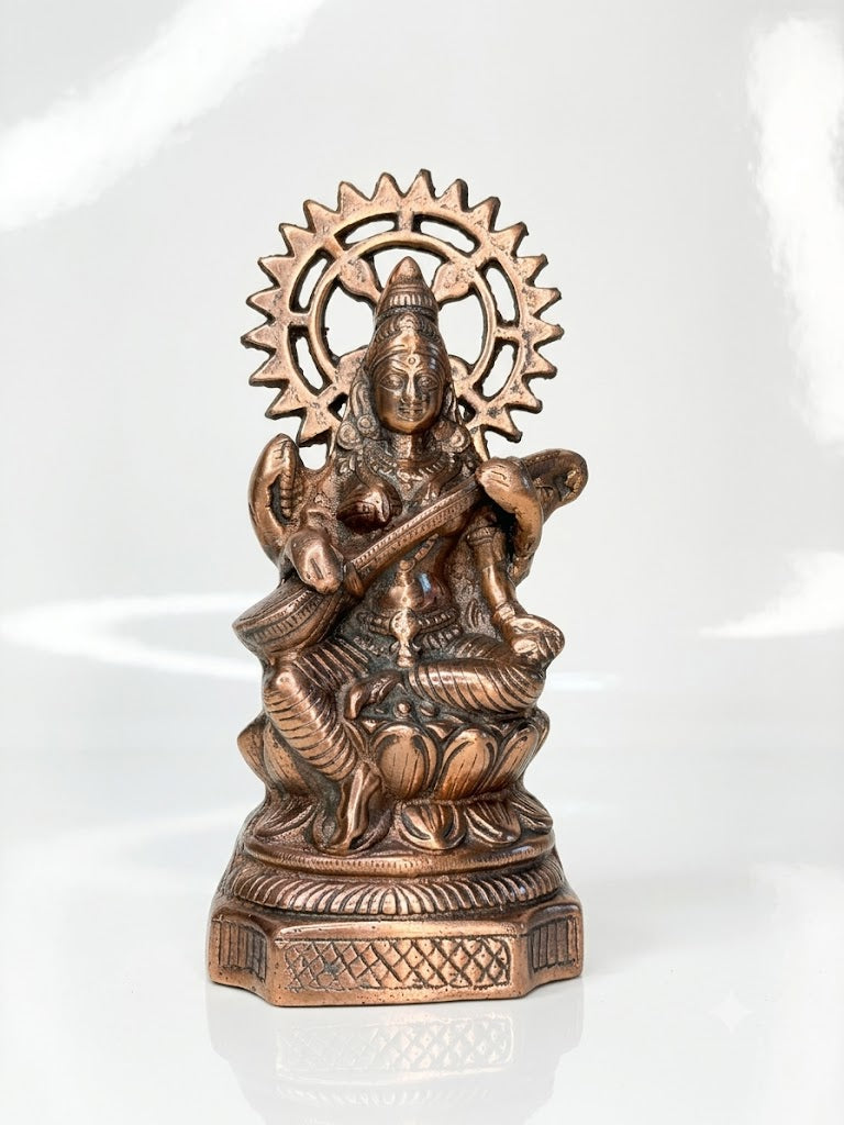 Antique Brass Goddess Saraswati Idol with Veena – Traditional Religious & Home Decor Statue