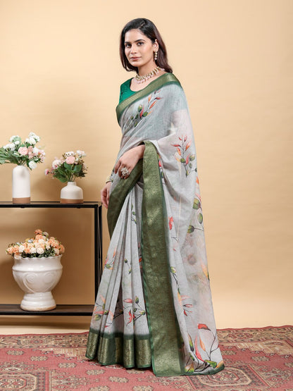 Elegant Light Grey Saree with Modern Floral Print and Zari Border