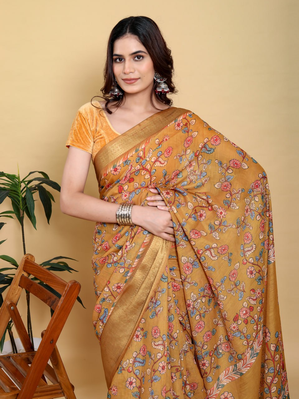 Elegant Mustard Yellow Floral Print Saree with Broad Zari Border