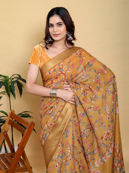Elegant Mustard Yellow Floral Print Saree with Broad Zari Border