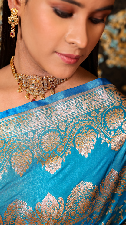 Azure Bloom Banarasi Silk Saree with Silver Zari Elegance