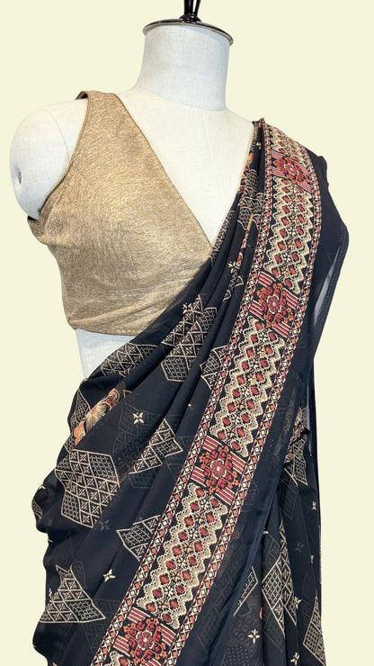 Black Geometric Printed Synthetic Saree